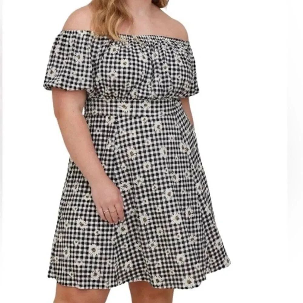 Torrid Black & White Gingham Checkered Daisy Off the Shoulder Mini Dress Size 0X